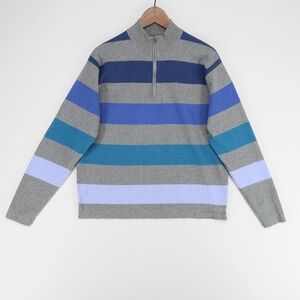 Peter Millar Marion 1/4 Zip Sweater Mens L Gray Blue Stripe Golf Cotton Blend
